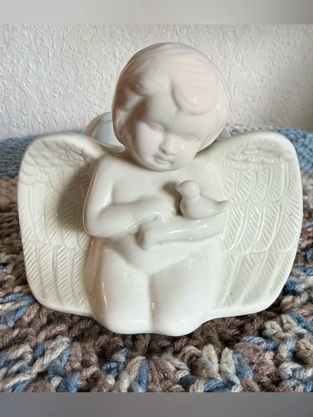Vintage Ceramic Cherub Angel Holding a Bird Planter
